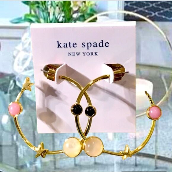 KATE SPADE HOOPS MULTICOLORED STONES 14K GOLD EARRINGS - Picture 1 of 5